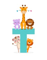 Obraz premium Cartoon animals of various species perched on a turquoise letter 