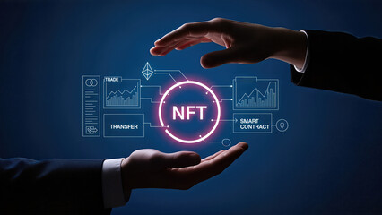 Hands of two business professionals interact with digital NFT graphics, showcasing cryptocurrency concepts like trade, transfer, and smart contracts in a modern financial environment