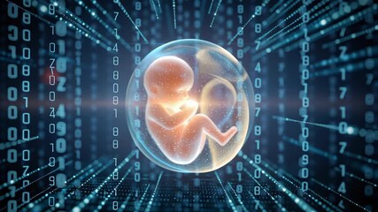 Human Embryo Concept ,Futuristic baby embryo digital sphere with binary code, technology, artificial intelligence, virtual reality, data science