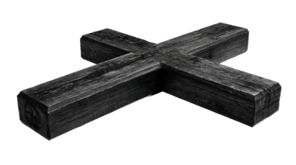 Aged, dark burnt wood cross object with rough texture for symbolic religious or memorial applications.