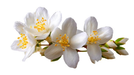 Delicate white jasmine flowers with bright yellow stamens bloom vibrantly, perfect for conveying themes of nature, freshness, and organic beauty in wellness and floral marketing projects