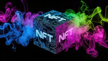 Colorful NFT cube surrounded by vibrant smoke, showcasing digital art and technology, representing the future of cryptocurrency and blockchain investments in a modern context