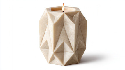 Unusual geometric candle in a tall hexagonal prism shape with faceted sides against a white background 