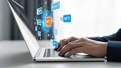 Hands of a business professional typing on a laptop, surrounded by floating icons representing NFT and cryptocurrency concepts, illustrating digital investment opportunities in modern finance
