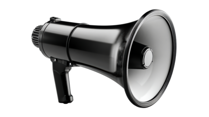 Sleek black megaphone with metallic accents, perfect for communication announcements, public speaking, or capturing attention in promotional campaigns.