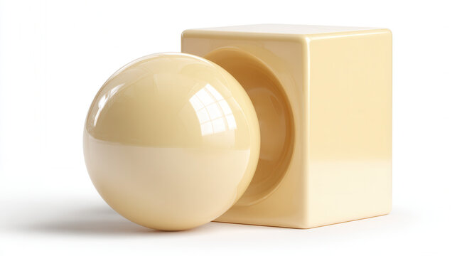 Wax mini sculpture featuring a smooth sphere partially embedded into a solid cube against a pure white background 
