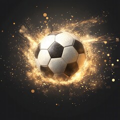 Fototapeta premium A soccer ball surrounded by golden glittering particles on a dark backdrop.