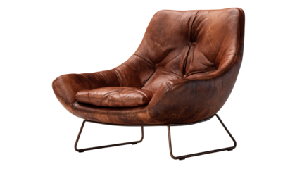 Plush distressed brown leather armchair with slim metal legs offering comfort and style for modern living spaces and hospitality interiors.