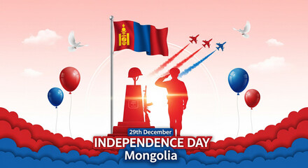 Mongolia Independence Day December 29th Poster with National Flag, Saluting Soldier, and Fighter Jets