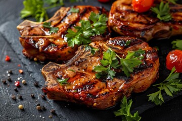 Juicy grilled pork chops seasoned with herbs and spices presented on a black slate cutting board