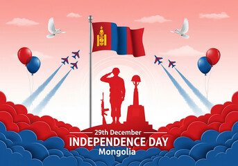 Mongolia Independence Day 29th December Celebration Illustration with National Flag and Soldier Silhouette