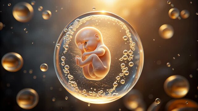 Human Embryo Concept ,Fetus bubble water floating embryo life biology science glowing amniotic fluid prenatal development peaceful surreal concept