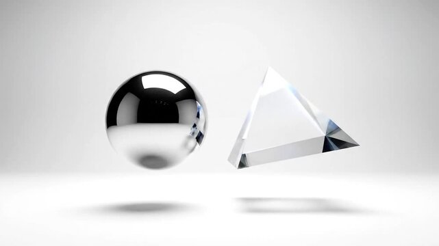 Shiny sphere and clear prism float on a bright white background, casting soft shadows