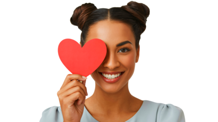 Smiling woman holding red heart shaped paper