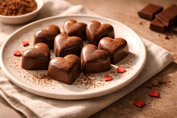 Heart shaped chocolate candies on plate with warm light for celebration