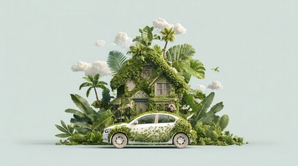 an ecofriendly concept with a house car plants and symbols for sustainability great for environmental presentations and awareness campaigns promoting green living