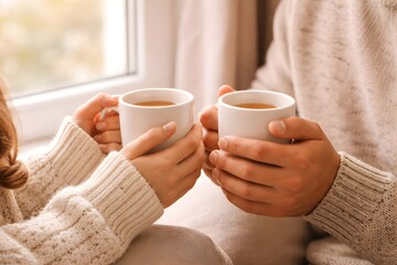 Cozy couple holding warm coffee mugs by window during relaxing morning