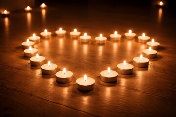 Candle heart arrangement on dark floor creating intimate romantic atmosphere