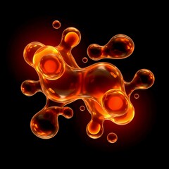 Glowing orange amber liquid organic blob with glossy droplets on black background. 