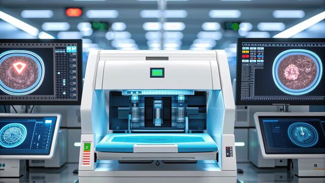 Futuristic laboratory with advanced 3D printer, digital screens, biotechnology, medical research, high tech automated machine, modern diagnostic