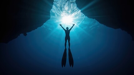 Diver ascending in sunlit cavern