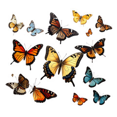 Fototapeta premium Set of colorful butterflies and flying insects in a beautiful nature vector illustration collection featuring vibrant wings and summer patterns isolated on white