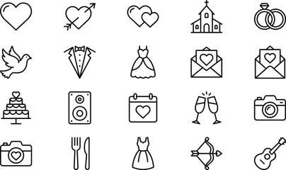 Minimal wedding love and romance outline icon set for marriage celebration invitation event user interface web app vector