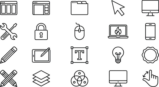 Minimal web and app user interface outline icon set for design tools development software navigation vector illustration