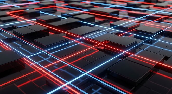 Abstract Neon Grid Pattern with Red Blue Lights. - Powered by Adobe