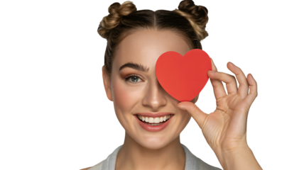 Smiling woman holding red heart over eye on white background