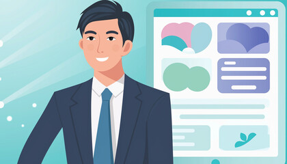 ホームページを見てひらめく男性 