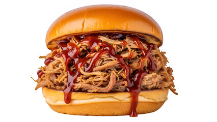 Pulled pork sandwich with barbecue sauce, isolated on white or transparent background. PNG