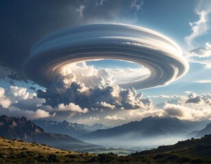 Large lenticular cloud formation hangs over a mountain landscape
