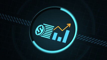 Financial growth icon dollar coin stack rising bar graph upward arrow inside glowing circular frame on dark digital background