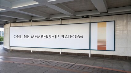 Online membership platform advertisement on large outdoor billboard under modern building, urban city environment, clean and minimal design