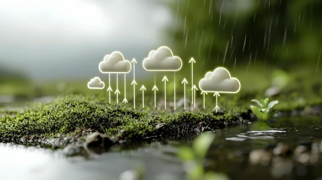 Hydrological flow system: vapor lift, rainfall event, condensation layer, liquid path, moisture movement, climate balance, atmospheric rhythm, nature process, droplet descent, water renewal, cycle