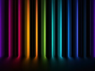 A background of neonlit vertical bars in a rainbow of colors