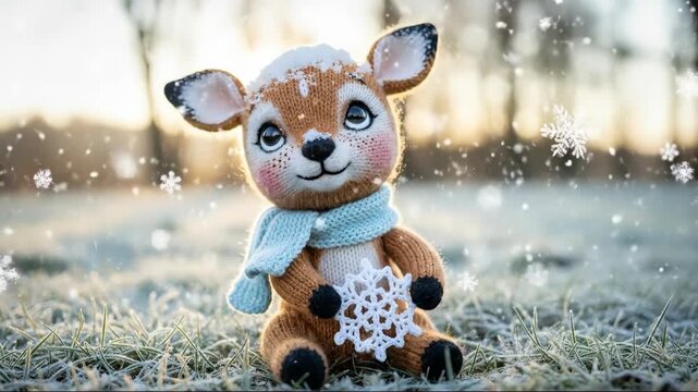 Cute knitted baby deer toy with scarf and snowflake sitting on snowy winter grass with changing facial expressions. Festive Christmastime animation concept.