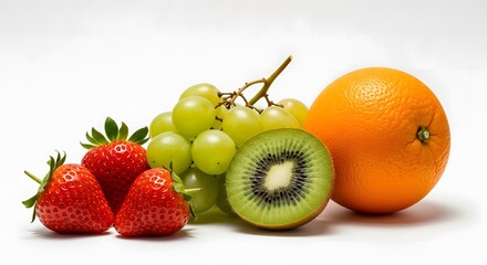 Fresh fruit assortment with strawberries grapes kiwi and orange