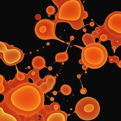 Vibrant orange liquid blobs and spheres abstract pattern on black background. 