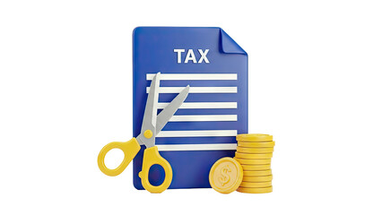 Tax Cut Concept: Scissors Cutting Tax Document with Coins