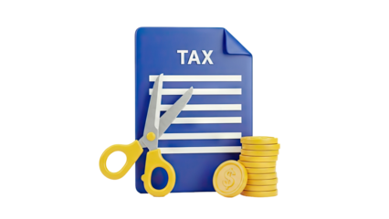 Tax Cut Concept: Scissors Cutting Tax Document with Coins