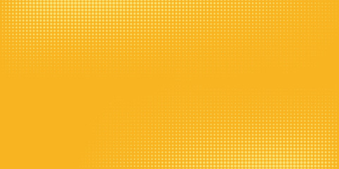 Yellow halftone pattern. Retro comic gradient background. Bright orange pixelated dotted texture overlay. Cartoon pop art faded gradient pattern. Vector backdrop for poster, banner, advertisement