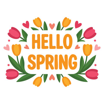 Hello spring quote floral vector illustration hand drawn prints perfect for cheerful springtime posters postcards stickers and seasonal positive themed designs