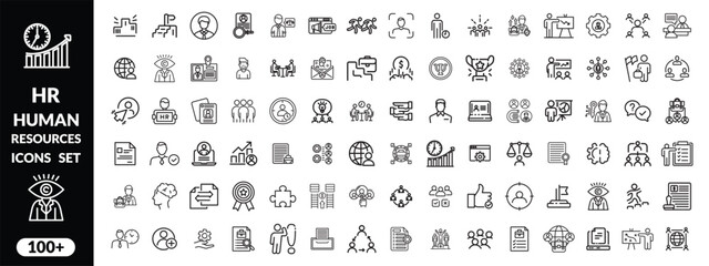 Set of   outline icons related to HR, Human Resources, Recruitment, Employment, business, office, company, management. Linear icon collection. Editable stroke. Human Resources big icon set design .