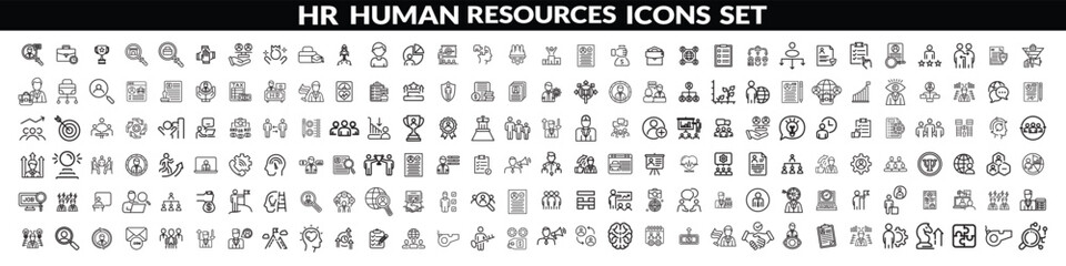 Set of   outline icons related to HR, Human Resources, Recruitment, Employment, business, office, company, management. Linear icon collection. Editable stroke. Human Resources big icon set design .