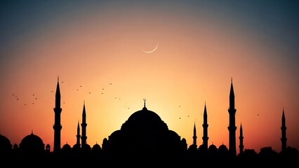 Silhouette of a Mosque at Sunset - A Serene Religious Scene.