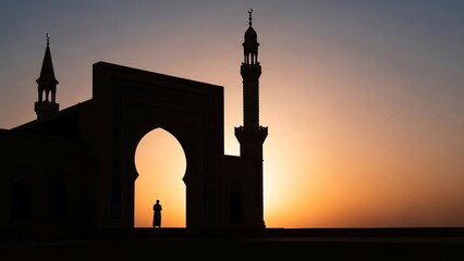 Silhouette of a Mosque at Sunset - A Serene Religious Scene.