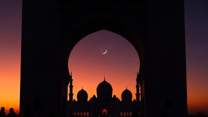 Silhouette of a Mosque at Sunset with Crescent Moon in the Sky.
