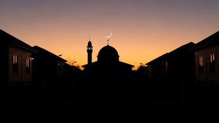 Silhouette of a Mosque at Sunset with Crescent Moon and Buildings.